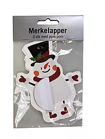 Merkelapp/pakkepynt pompom snømann 3pk