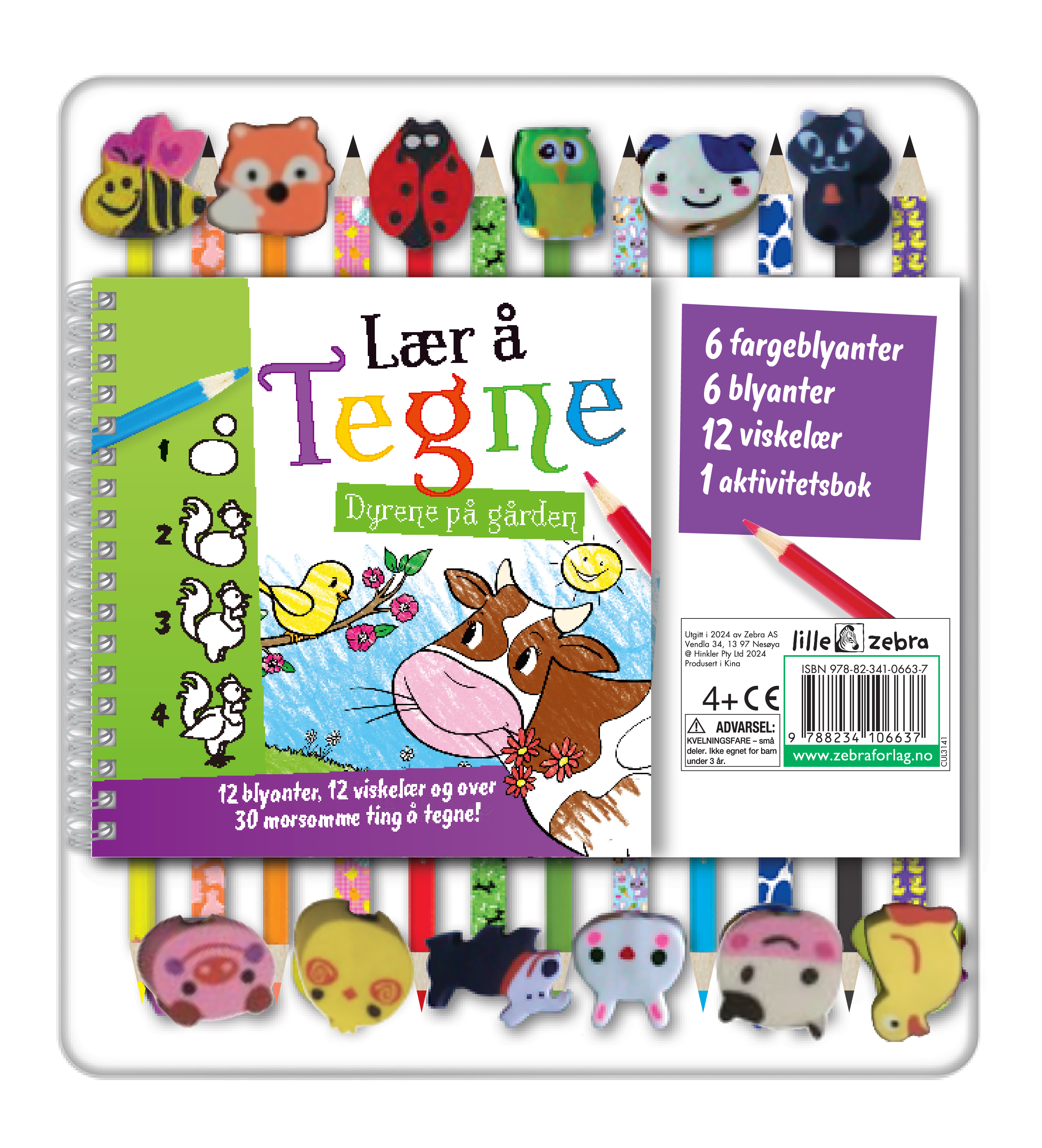 Fargeblyanter 12 m/viskelær tegnebok dyr
