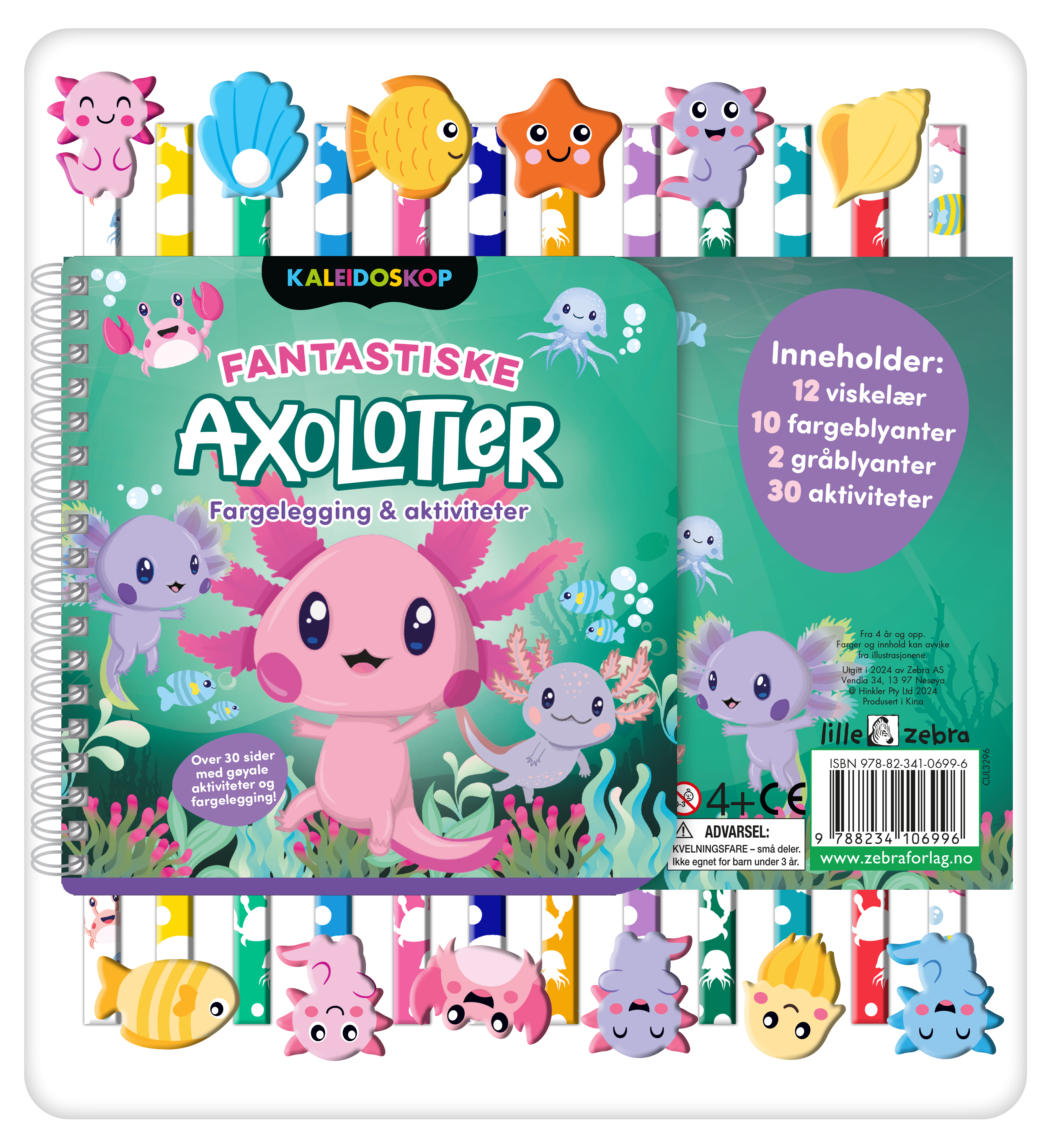 Fargeblyanter 12 m/viskelær Axolotl bok