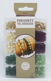 Perleboks små perler gull/burgundy/grønn
