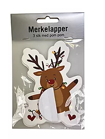 Merkelapp/pakkepynt pompom reinsdyr 3pk