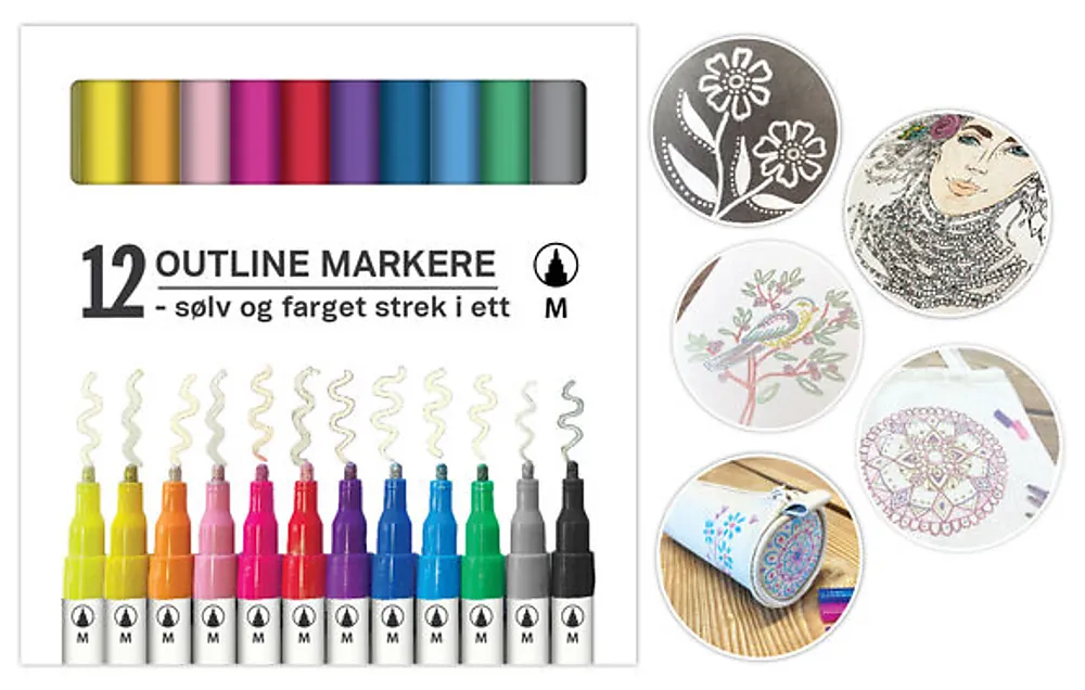 Outline tusjer med sølv 12 pk ass farger