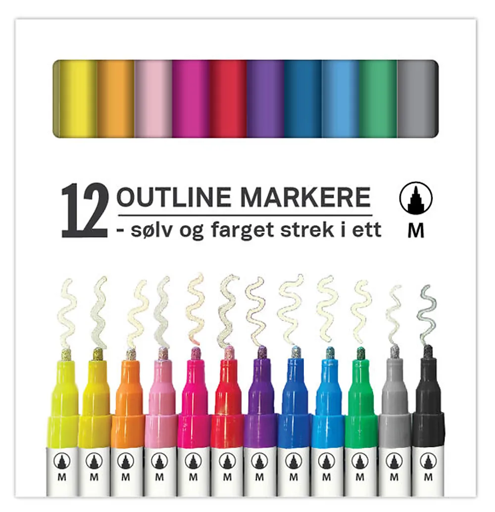 Outline tusjer med sølv 12 pk ass farger